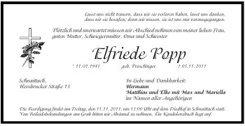 Traueranzeige von Elfriede Popp von Pegnitz-Zeitung